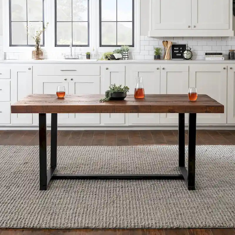 Table de salle à manger rustique en pin massif vieilli, gris/acajou/chêne rustique, de 72 po, avec base à tréteaux - 6 places