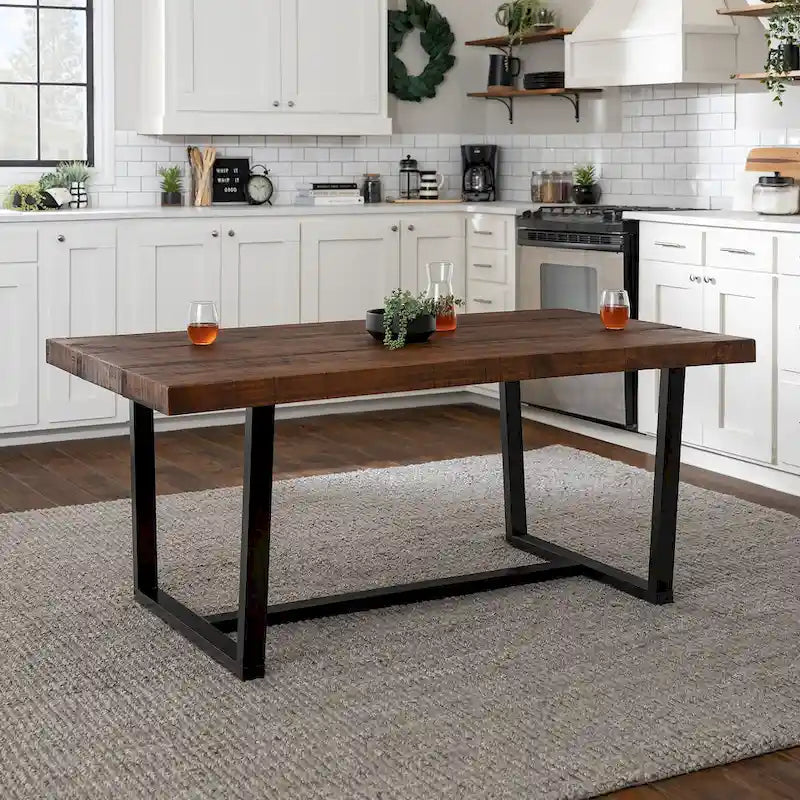 Table de salle à manger rustique en pin massif vieilli, gris/acajou/chêne rustique, de 72 po, avec base à tréteaux - 6 places