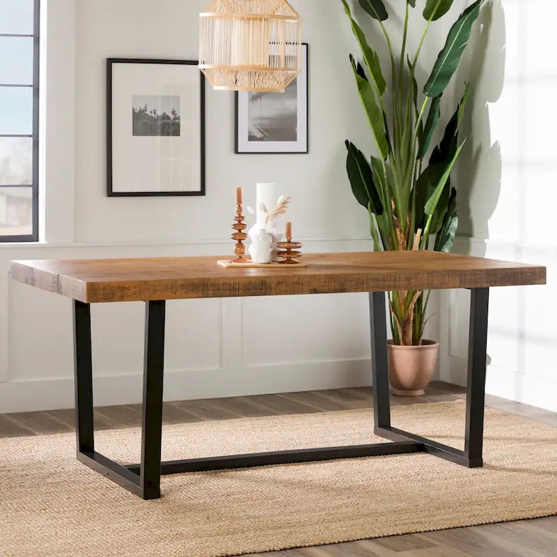 Table de salle à manger rustique en pin massif vieilli, gris/acajou/chêne rustique, de 72 po, avec base à tréteaux - 6 places
