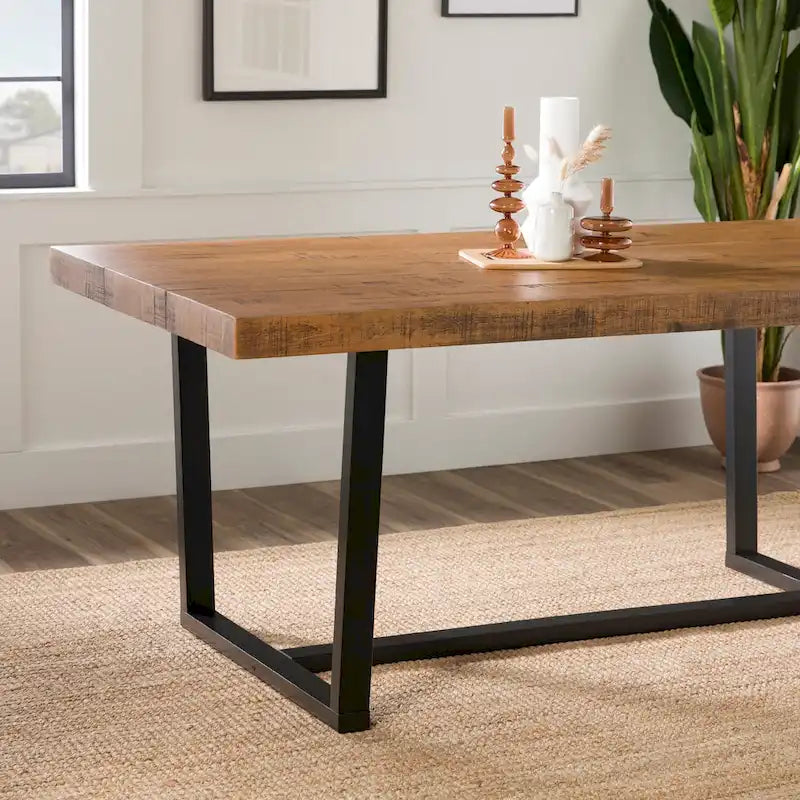 Table de salle à manger rustique en pin massif vieilli, gris/acajou/chêne rustique, de 72 po, avec base à tréteaux - 6 places