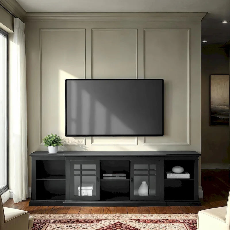Meuble télé classique à façades brisées avec portes vitrées de 203 cm (80 po) gris/blanc/noir – convient aux téléviseurs jusqu'à 216 cm (85 po)