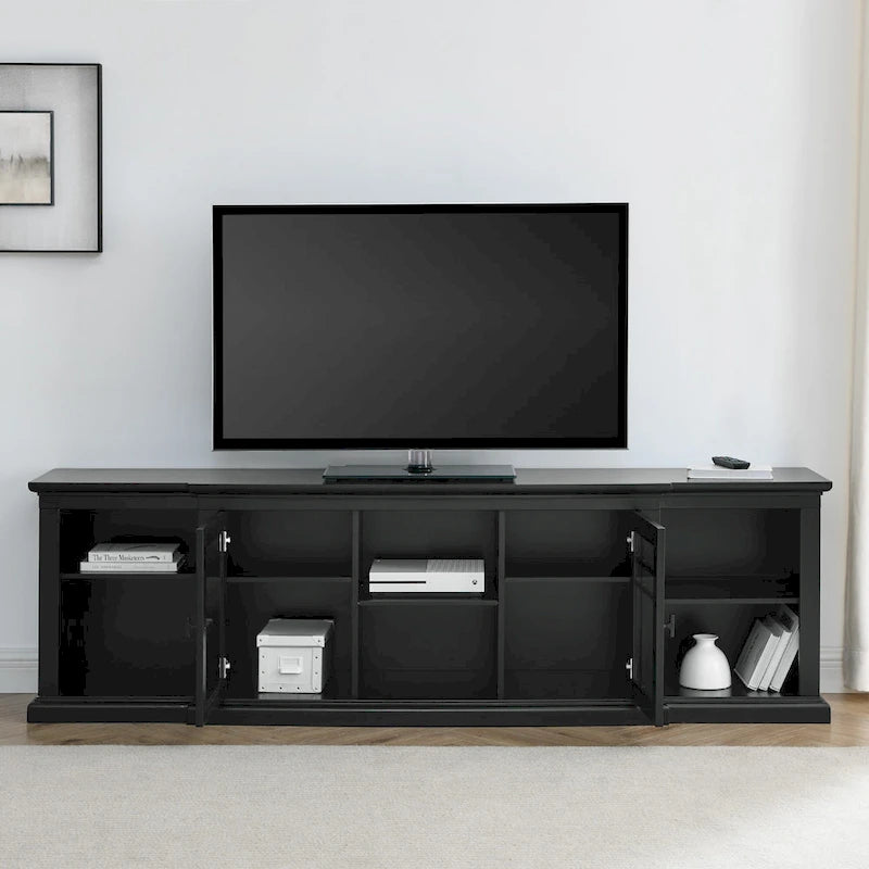 Meuble télé classique à façades brisées avec portes vitrées de 203 cm (80 po) gris/blanc/noir – convient aux téléviseurs jusqu'à 216 cm (85 po)
