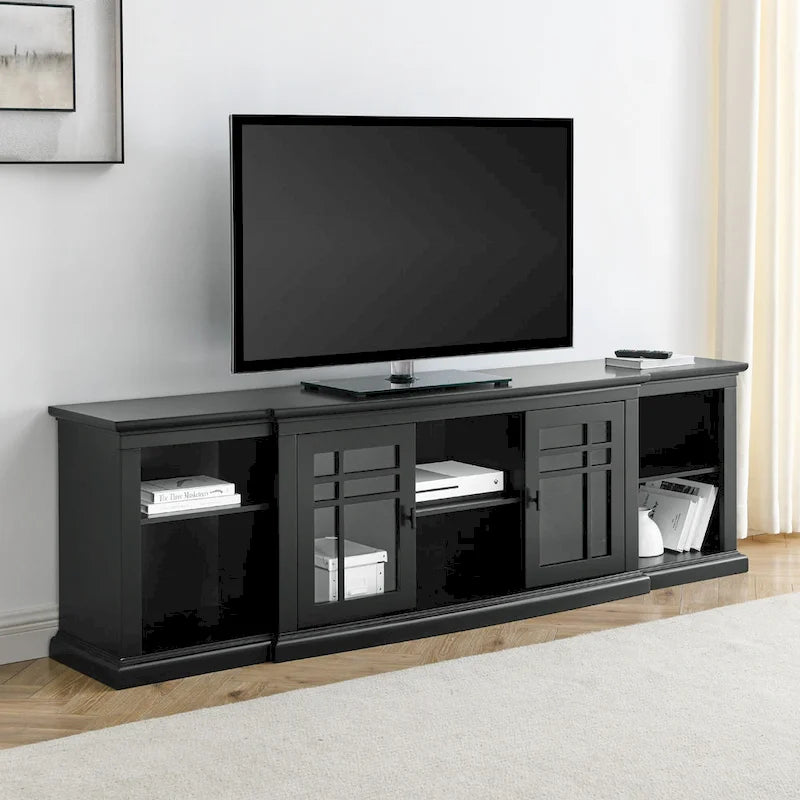 Meuble télé classique à façades brisées avec portes vitrées de 203 cm (80 po) gris/blanc/noir – convient aux téléviseurs jusqu'à 216 cm (85 po)