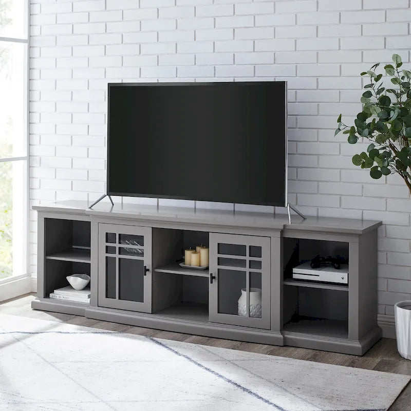 Meuble télé classique à façades brisées avec portes vitrées de 203 cm (80 po) gris/blanc/noir – convient aux téléviseurs jusqu'à 216 cm (85 po)