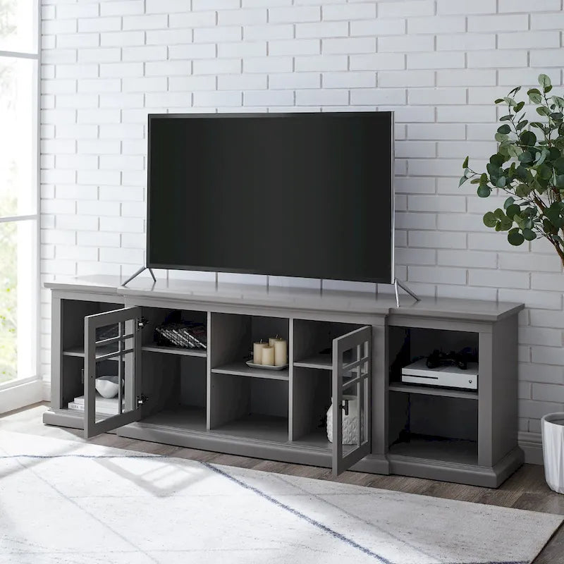 Meuble télé classique à façades brisées avec portes vitrées de 203 cm (80 po) gris/blanc/noir – convient aux téléviseurs jusqu'à 216 cm (85 po)