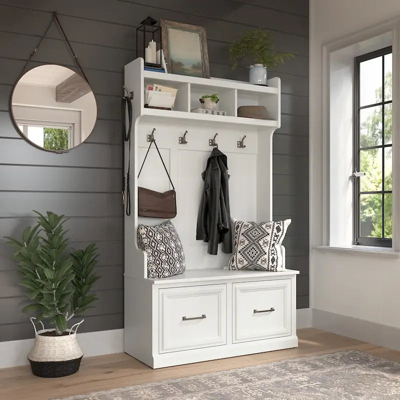 Frêne Blanc / Brun Cendré / Gris Cape Cod / Daim Noir / Banc de Rangement d'Entrée et de Chaussures avec Portes Blanc Lessivé 40W