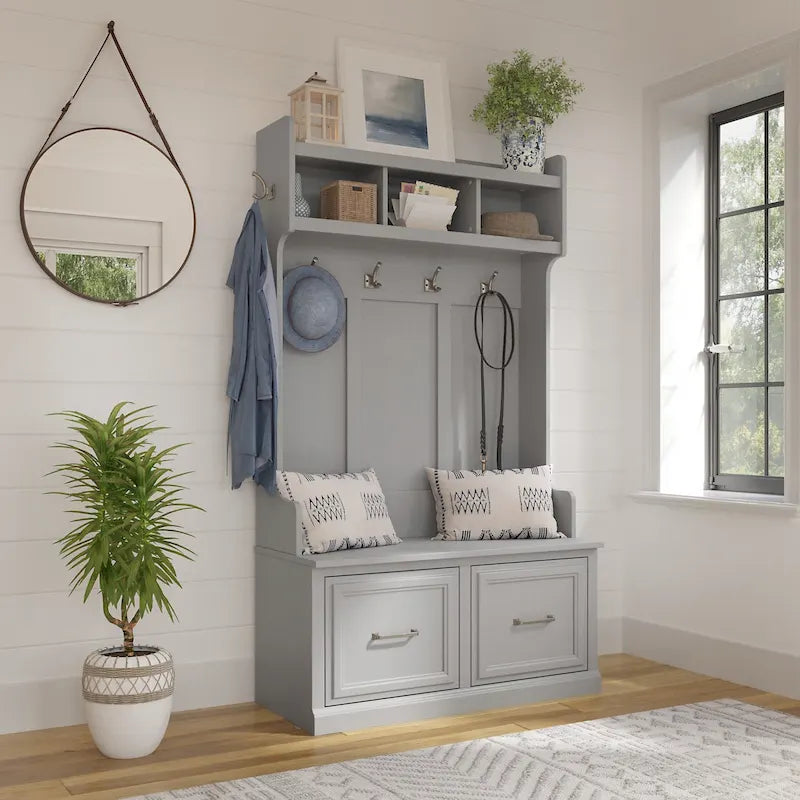 Frêne Blanc / Brun Cendré / Gris Cape Cod / Daim Noir / Banc de Rangement d'Entrée et de Chaussures avec Portes Blanc Lessivé 40W