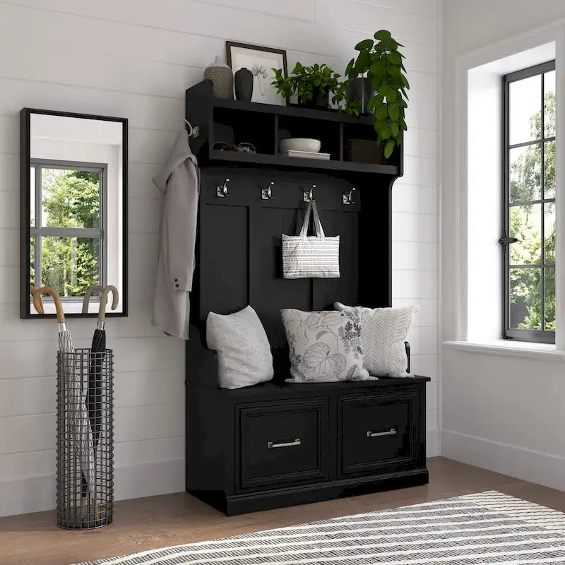 Frêne Blanc / Brun Cendré / Gris Cape Cod / Daim Noir / Banc de Rangement d'Entrée et de Chaussures avec Portes Blanc Lessivé 40W