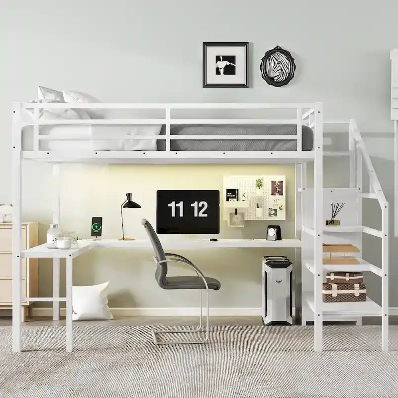 Lit mezzanine Queen blanc cassé avec bureau en L, armoire et bande LED