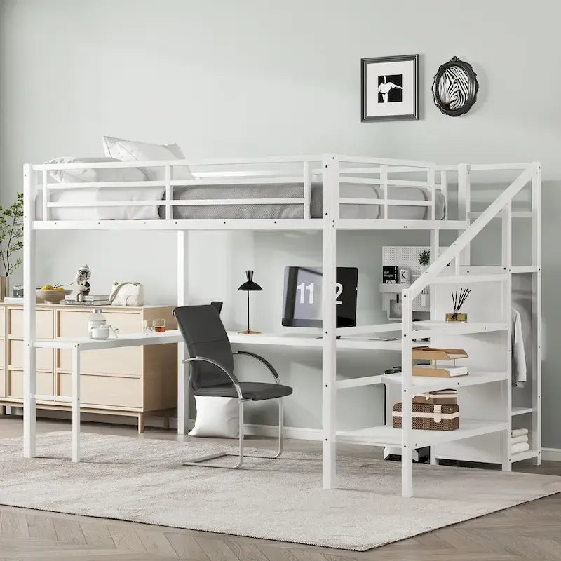 Lit mezzanine Queen blanc cassé avec bureau en L, armoire et bande LED