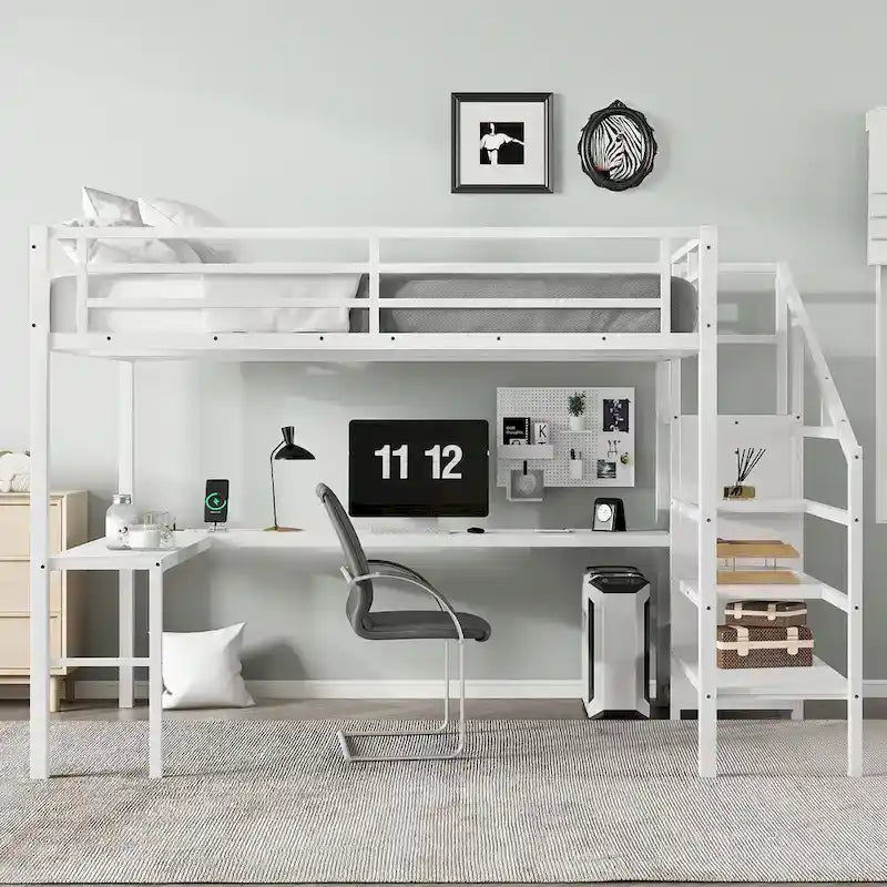 Lit mezzanine Queen blanc cassé avec bureau en L, armoire et bande LED