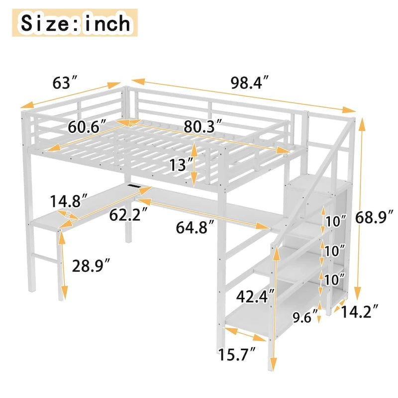 Lit mezzanine Queen blanc cassé avec bureau en L, armoire et bande LED