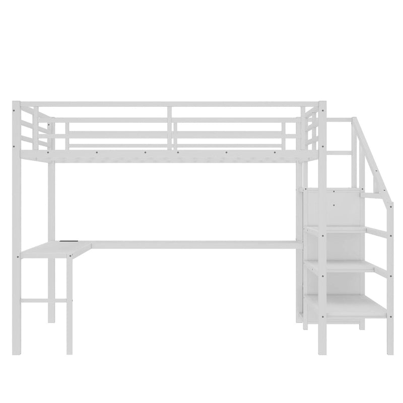 Lit mezzanine Queen blanc cassé avec bureau en L, armoire et bande LED