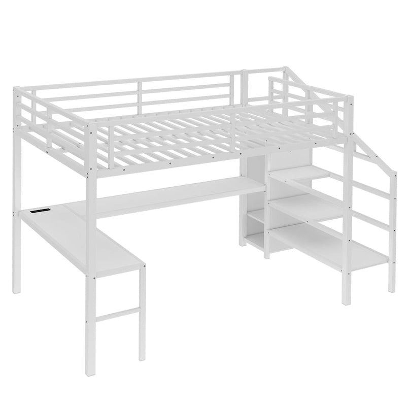 Lit mezzanine Queen blanc cassé avec bureau en L, armoire et bande LED