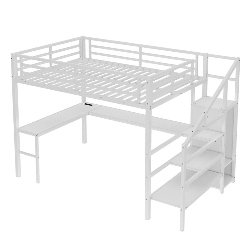 Lit mezzanine Queen blanc cassé avec bureau en L, armoire et bande LED