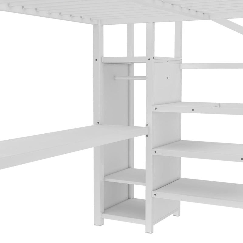 Lit mezzanine Queen blanc cassé avec bureau en L, armoire et bande LED