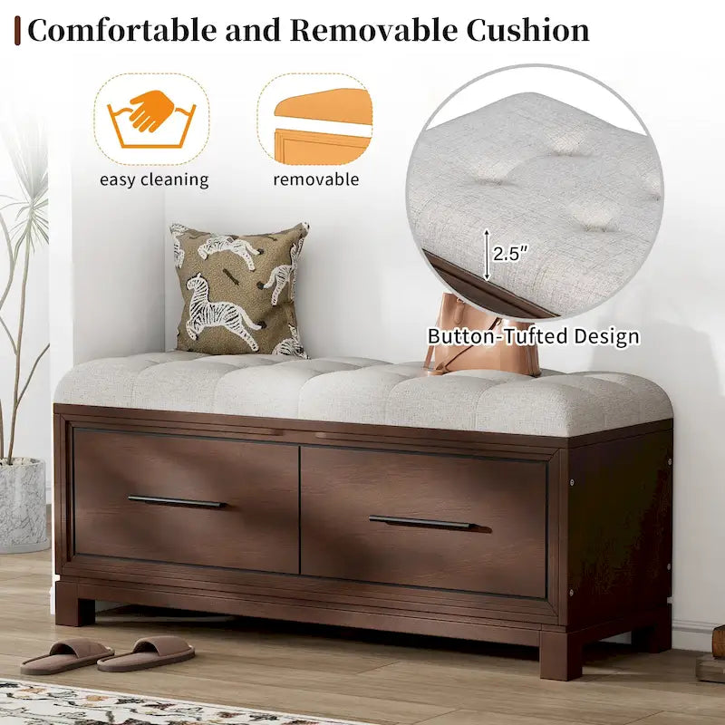 Banc de rangement à chaussures avec couvercle relevable et coussin amovible – Expresso / Bleu marine / Naturel / Blanc – 1-2 places