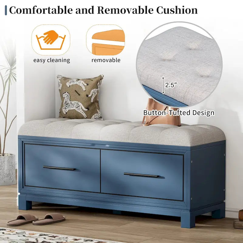 Banc de rangement à chaussures avec couvercle relevable et coussin amovible – Expresso / Bleu marine / Naturel / Blanc – 1-2 places