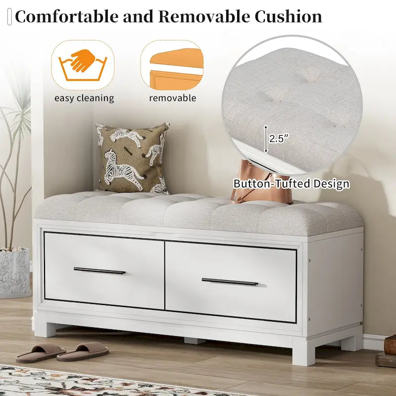 Banc de rangement à chaussures avec couvercle relevable et coussin amovible – Expresso / Bleu marine / Naturel / Blanc – 1-2 places
