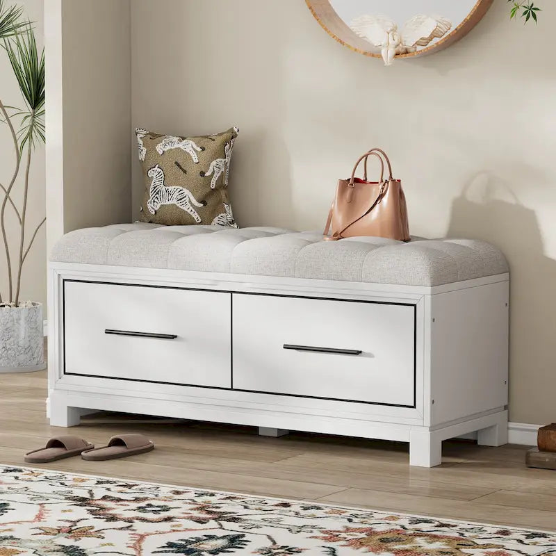 Banc de rangement à chaussures avec couvercle relevable et coussin amovible – Expresso / Bleu marine / Naturel / Blanc – 1-2 places