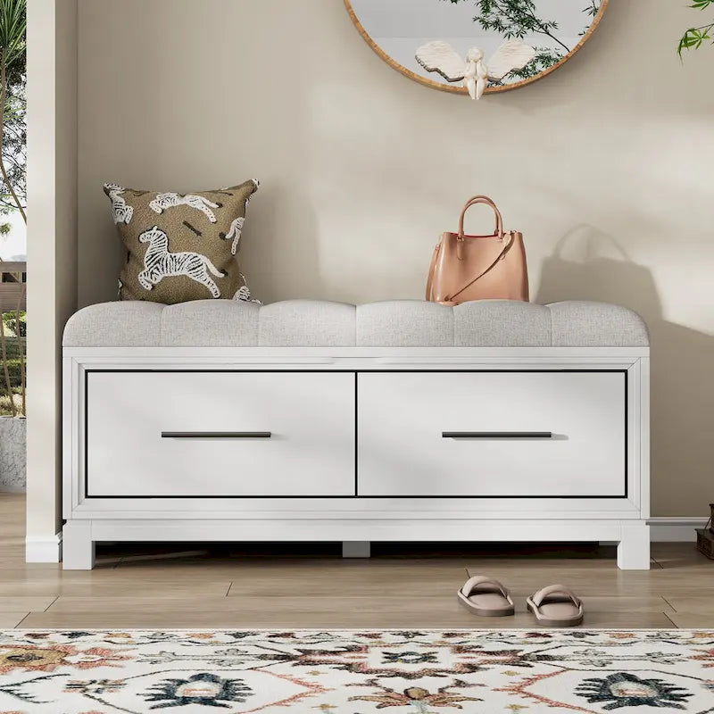 Banc de rangement à chaussures avec couvercle relevable et coussin amovible – Expresso / Bleu marine / Naturel / Blanc – 1-2 places