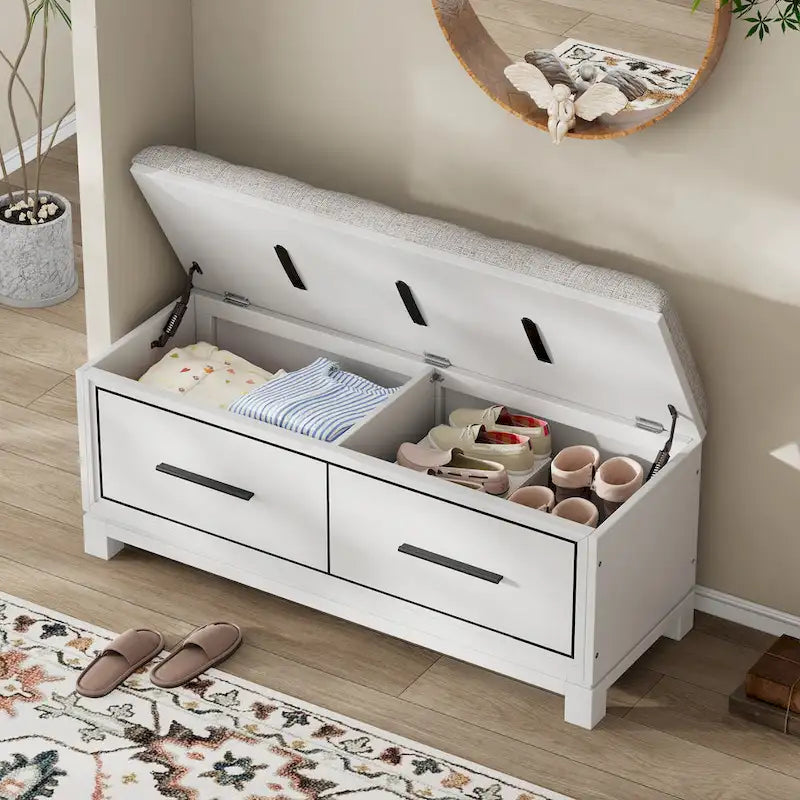 Banc de rangement à chaussures avec couvercle relevable et coussin amovible – Expresso / Bleu marine / Naturel / Blanc – 1-2 places