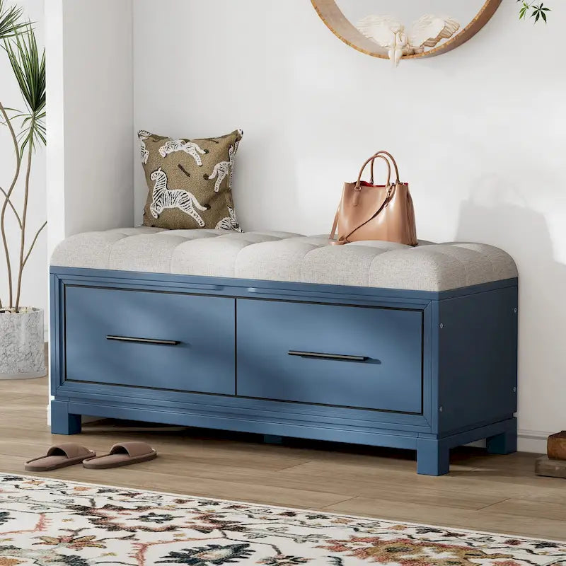 Banc de rangement à chaussures avec couvercle relevable et coussin amovible – Expresso / Bleu marine / Naturel / Blanc – 1-2 places