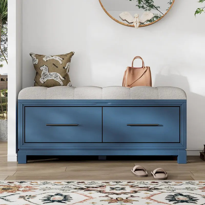 Banc de rangement à chaussures avec couvercle relevable et coussin amovible – Expresso / Bleu marine / Naturel / Blanc – 1-2 places