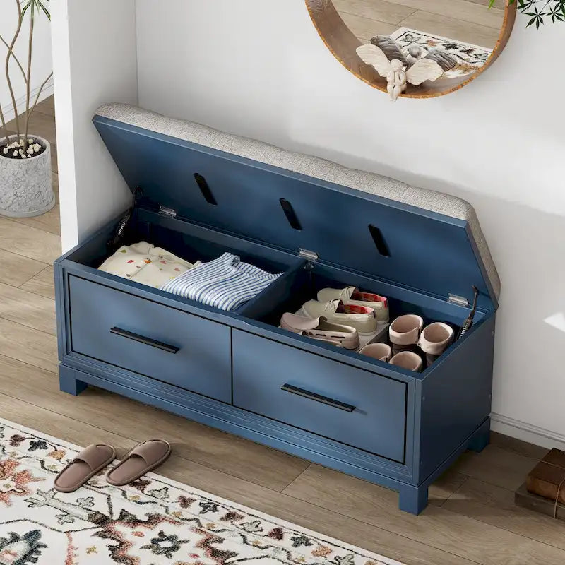 Banc de rangement à chaussures avec couvercle relevable et coussin amovible – Expresso / Bleu marine / Naturel / Blanc – 1-2 places