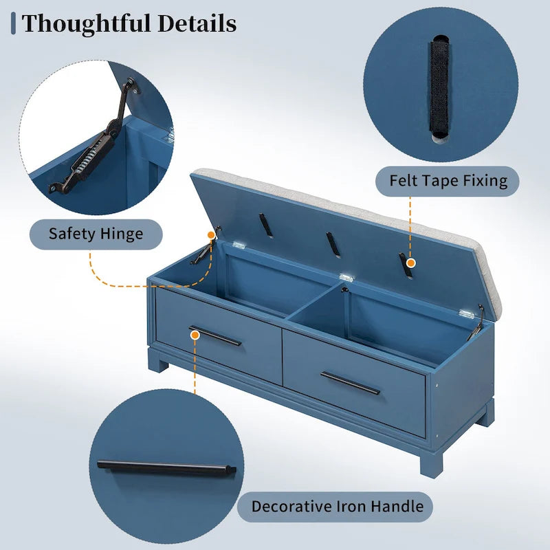 Banc de rangement à chaussures avec couvercle relevable et coussin amovible – Expresso / Bleu marine / Naturel / Blanc – 1-2 places
