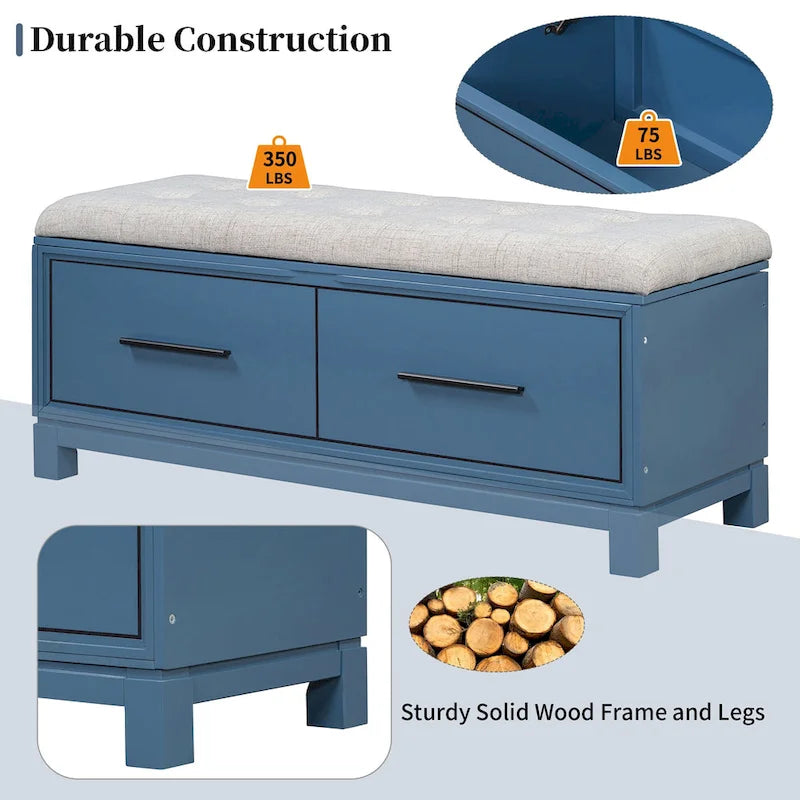 Banc de rangement à chaussures avec couvercle relevable et coussin amovible – Expresso / Bleu marine / Naturel / Blanc – 1-2 places