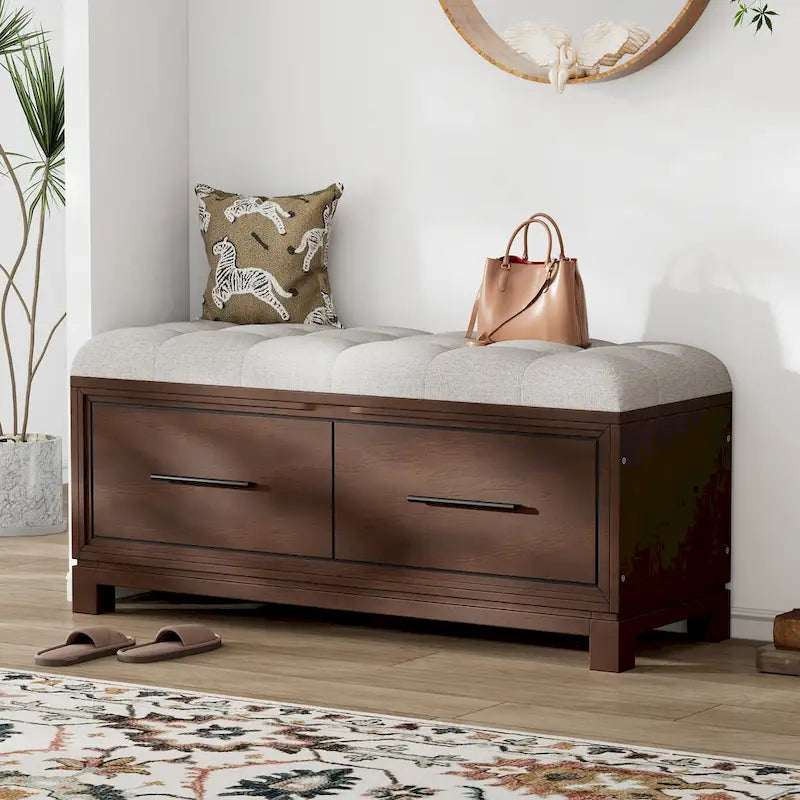 Banc de rangement à chaussures avec couvercle relevable et coussin amovible – Expresso / Bleu marine / Naturel / Blanc – 1-2 places