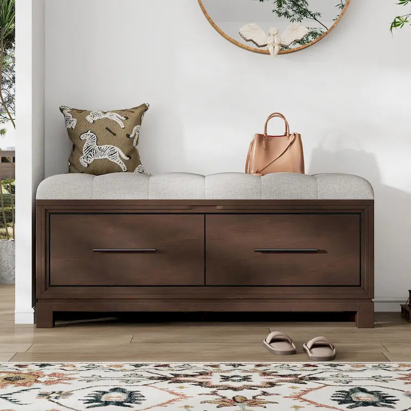 Banc de rangement à chaussures avec couvercle relevable et coussin amovible – Expresso / Bleu marine / Naturel / Blanc – 1-2 places