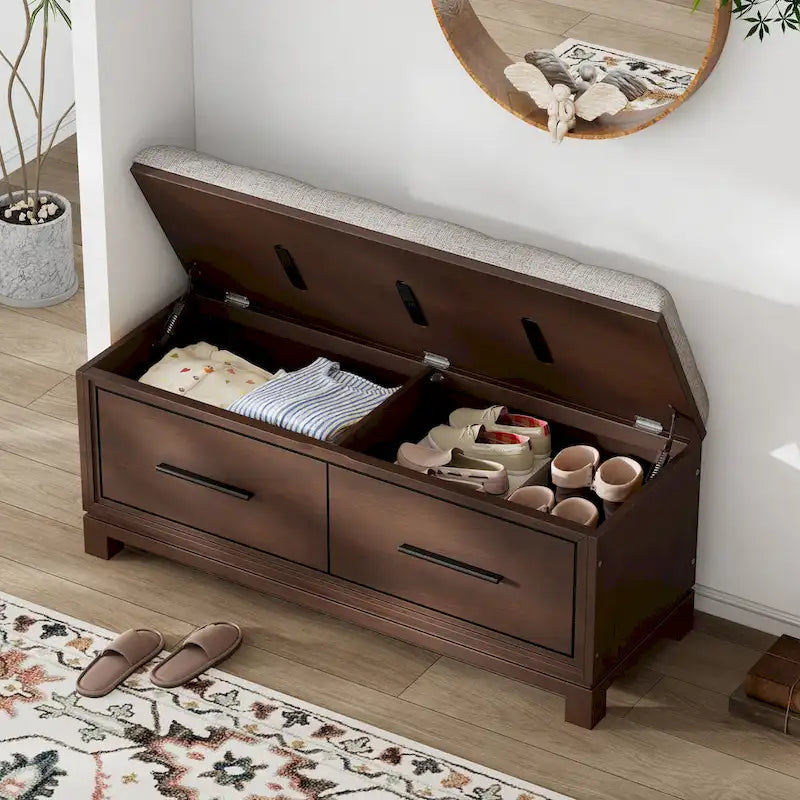 Banc de rangement à chaussures avec couvercle relevable et coussin amovible – Expresso / Bleu marine / Naturel / Blanc – 1-2 places