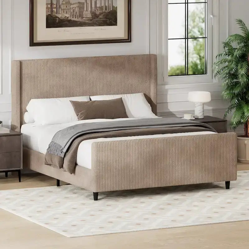 Lit plateforme Queen avec tête de lit capitonnée à oreilles, taupe, en velours côtelé, 1 personne