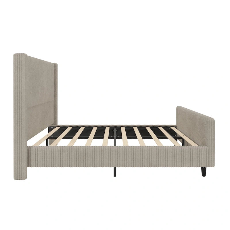Lit plateforme Queen avec tête de lit capitonnée à oreilles, taupe, en velours côtelé, 1 personne