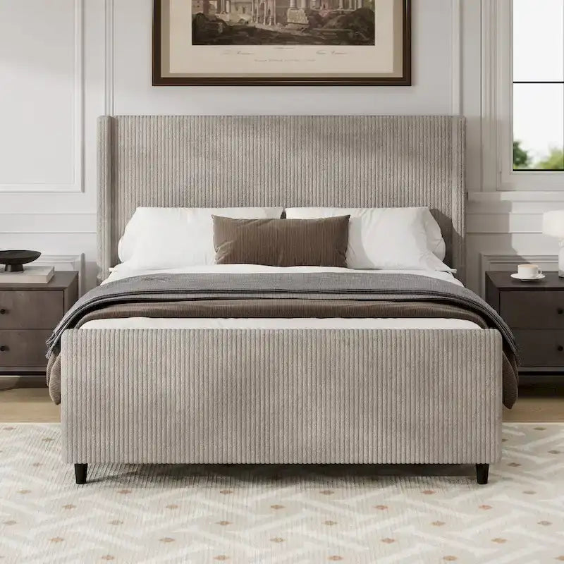 Lit plateforme Queen avec tête de lit capitonnée à oreilles, taupe, en velours côtelé, 1 personne