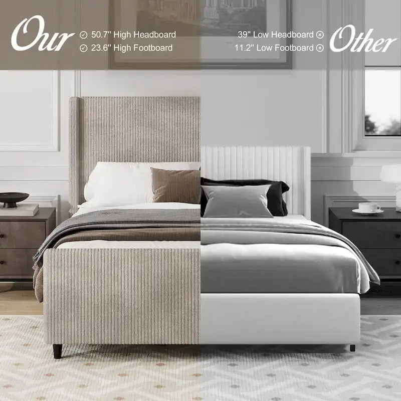 Lit plateforme Queen avec tête de lit capitonnée à oreilles, taupe, en velours côtelé, 1 personne