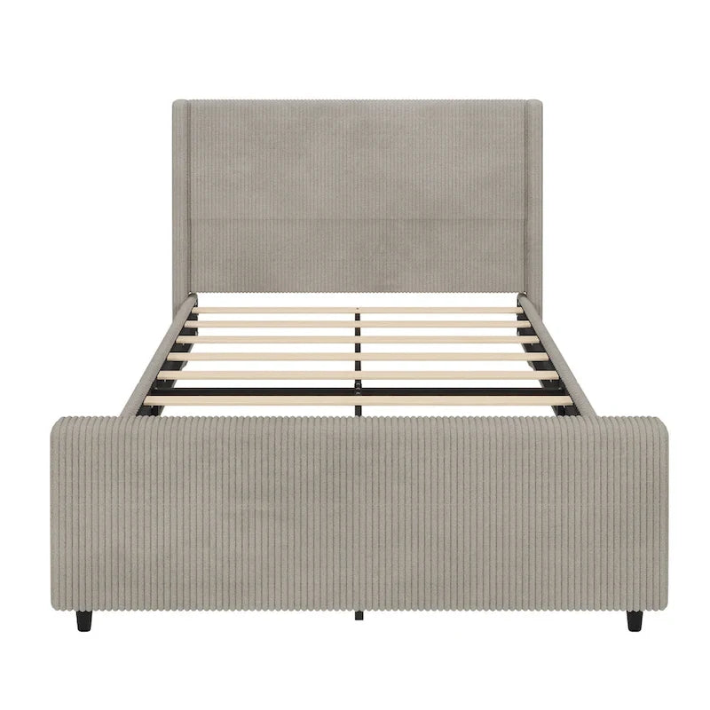 Lit plateforme Queen avec tête de lit capitonnée à oreilles, taupe, en velours côtelé, 1 personne