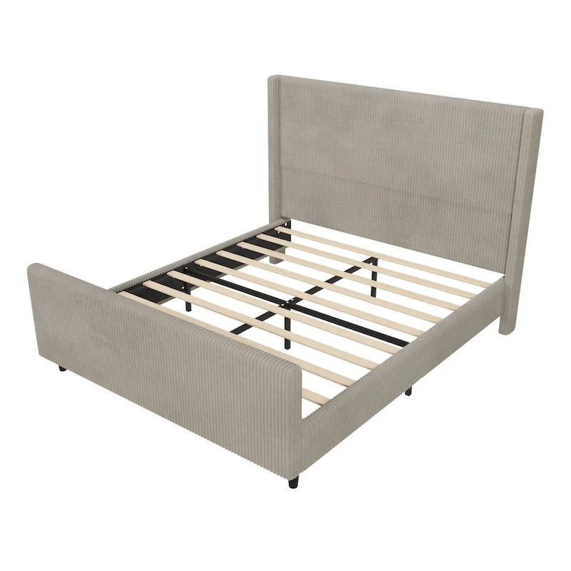 Lit plateforme Queen avec tête de lit capitonnée à oreilles, taupe, en velours côtelé, 1 personne