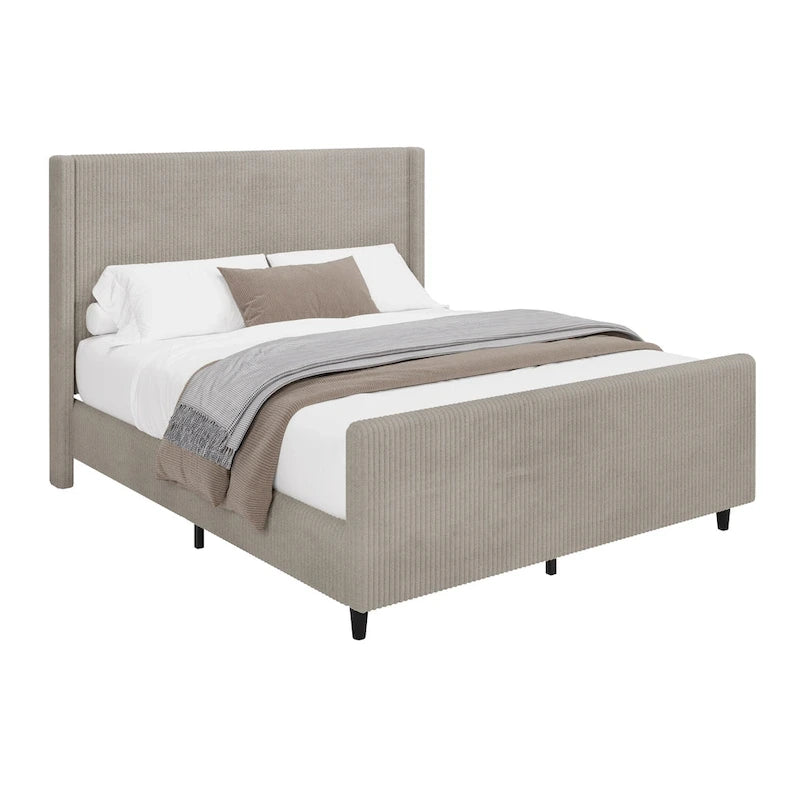 Lit plateforme Queen avec tête de lit capitonnée à oreilles, taupe, en velours côtelé, 1 personne