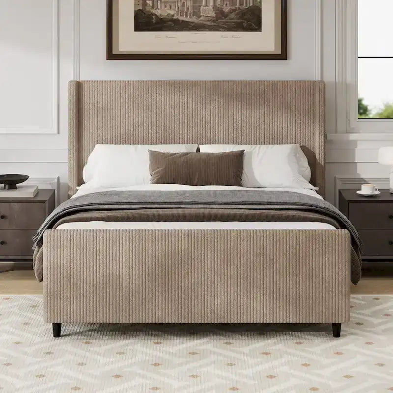 Lit plateforme Queen avec tête de lit capitonnée à oreilles, taupe, en velours côtelé, 1 personne