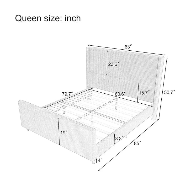 Lit plateforme Queen avec tête de lit capitonnée à oreilles, taupe, en velours côtelé, 1 personne