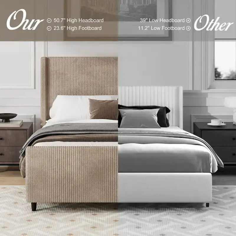 Lit plateforme Queen avec tête de lit capitonnée à oreilles, taupe, en velours côtelé, 1 personne