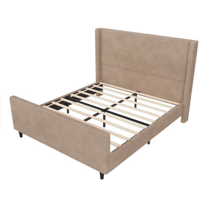 Lit plateforme Queen avec tête de lit capitonnée à oreilles, taupe, en velours côtelé, 1 personne