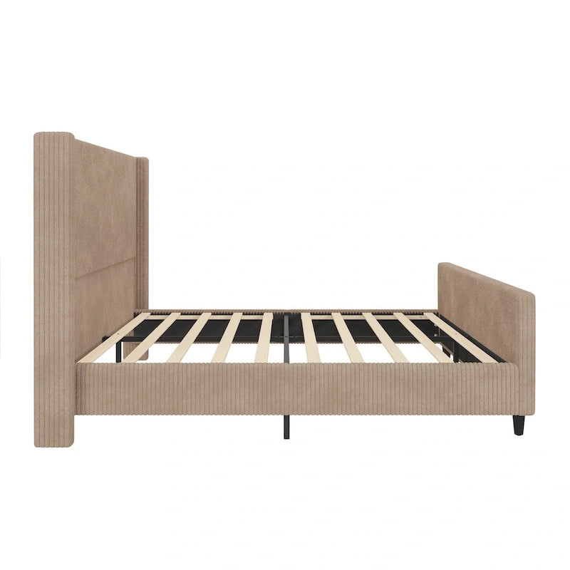 Lit plateforme Queen avec tête de lit capitonnée à oreilles, taupe, en velours côtelé, 1 personne