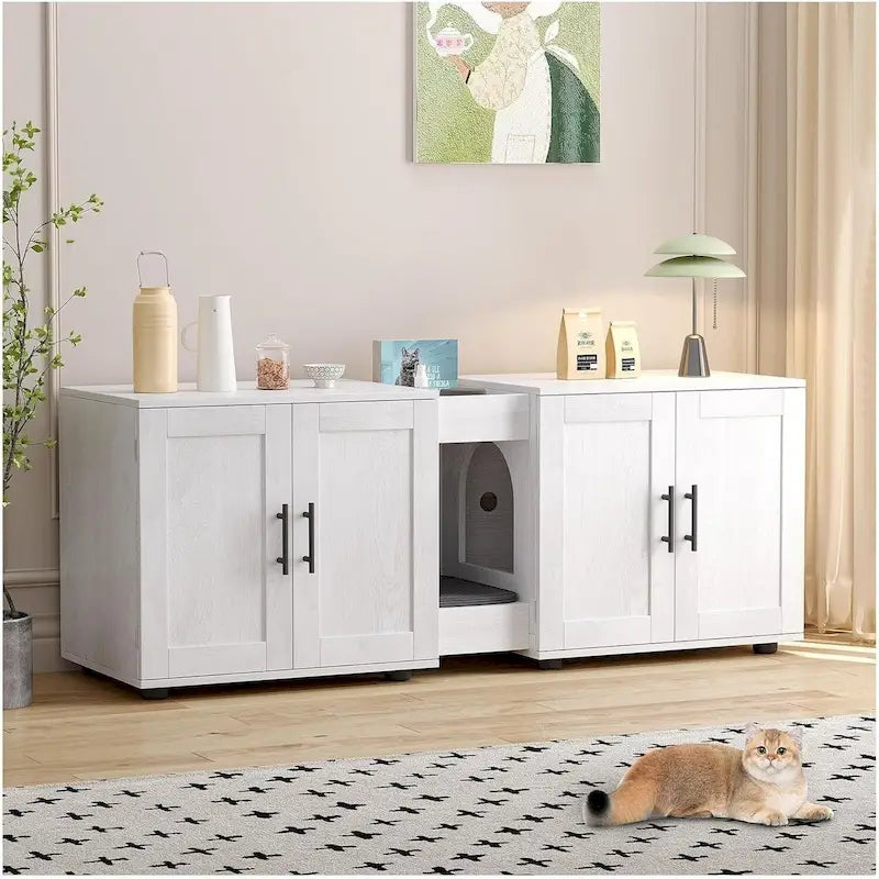 Meuble de litière pour chat double avec rangement et tapis de litière, blanc/noir, style moderne, 2 chats