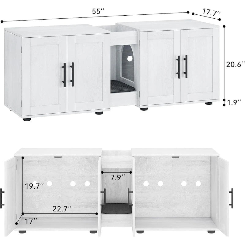 Meuble de litière pour chat double avec rangement et tapis de litière, blanc/noir, style moderne, 2 chats