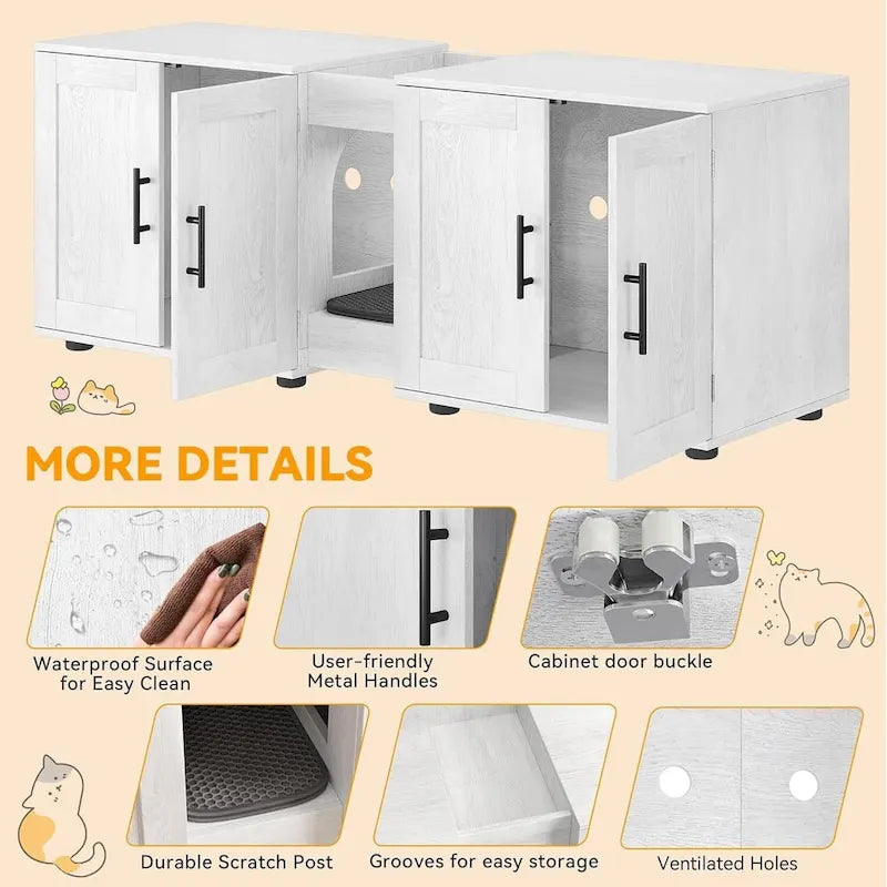 Meuble de litière pour chat double avec rangement et tapis de litière, blanc/noir, style moderne, 2 chats