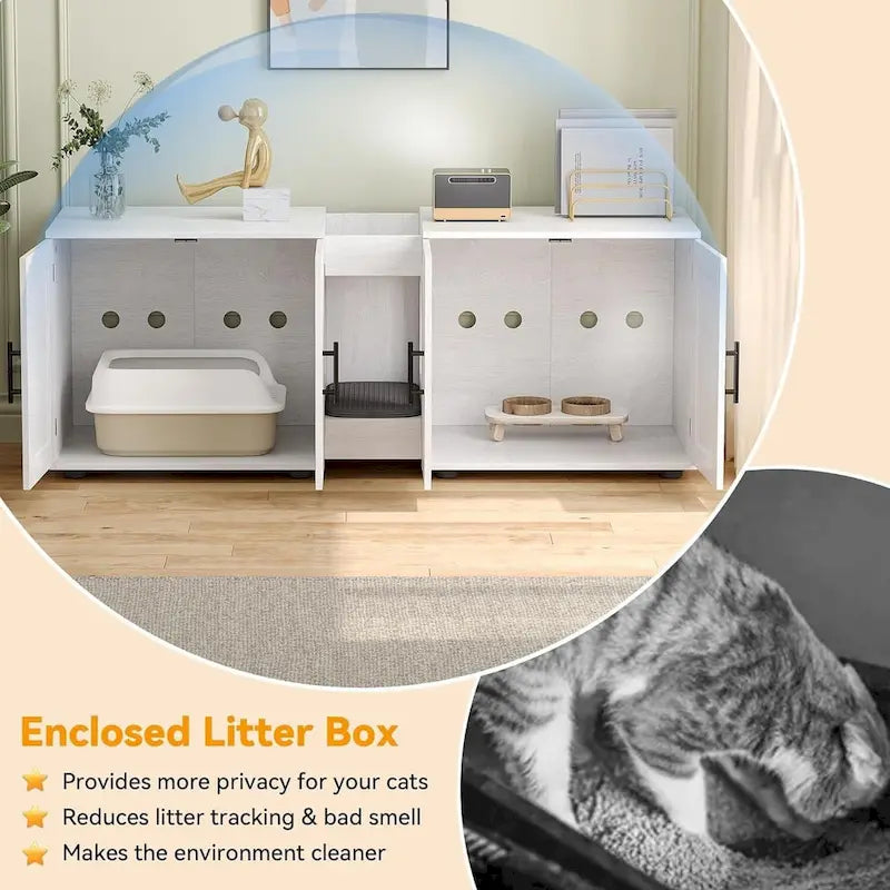 Meuble de litière pour chat double avec rangement et tapis de litière, blanc/noir, style moderne, 2 chats